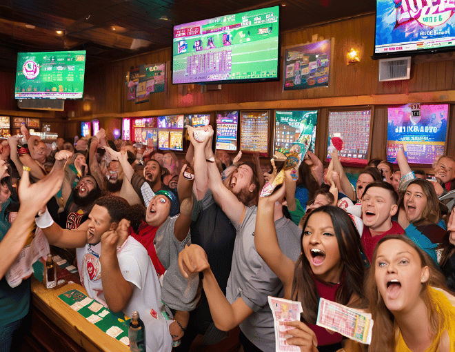A crowded sports bar with excited fans watching games on large screens, clutching lottery tickets, and cheering, as vibrant posters advertise various lottery games.