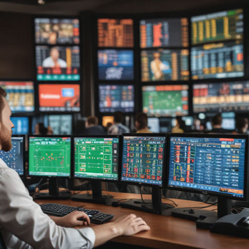A gambler sitting at a computer desk, focused on a sports betting screen with odds displayed, ready to place a bet on a live game.