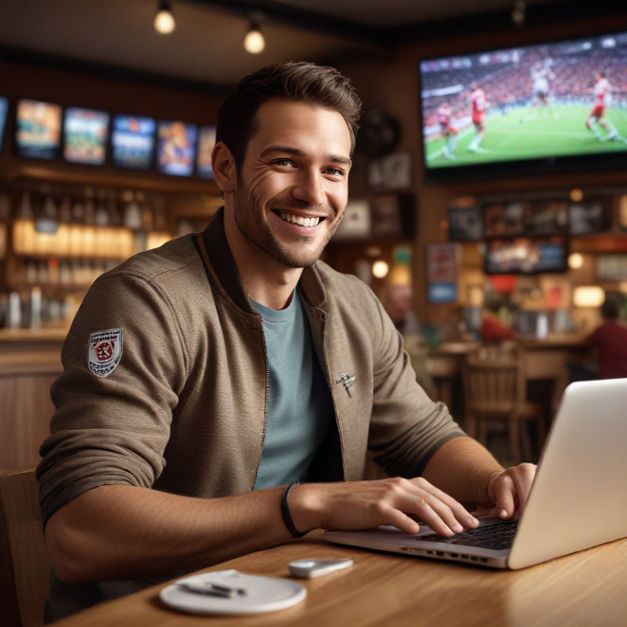 A man sits in a sports bar, smiling at his laptop screen, celebrating a game-winning moment.