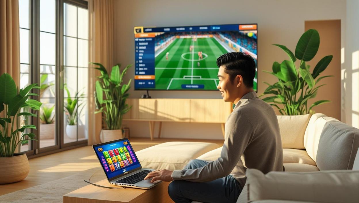 Man multitasking with sports and slots in a sunlit, cozy living room.