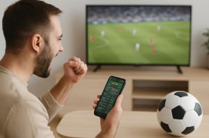 A happy guy playing sports betting with smart phone on hand
