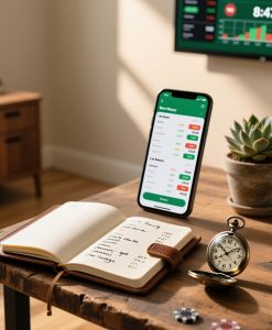 A notebook with list and a smartphone showing a gambling platform on the screen and sports betting site on TV screen