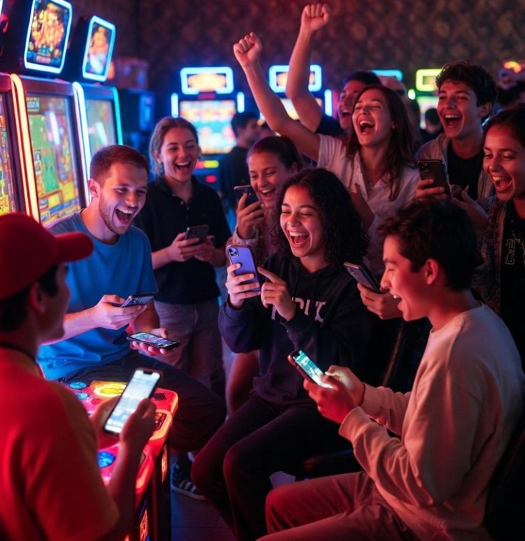 group of young players enjoying arcade fishing games