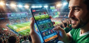 A sports fan watching a live game on a smartphone with real-time betting odds