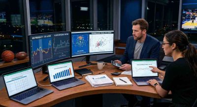 A professional sports analytics desk with basketball and football statistics, probability charts, team performance graphs on laptop screens